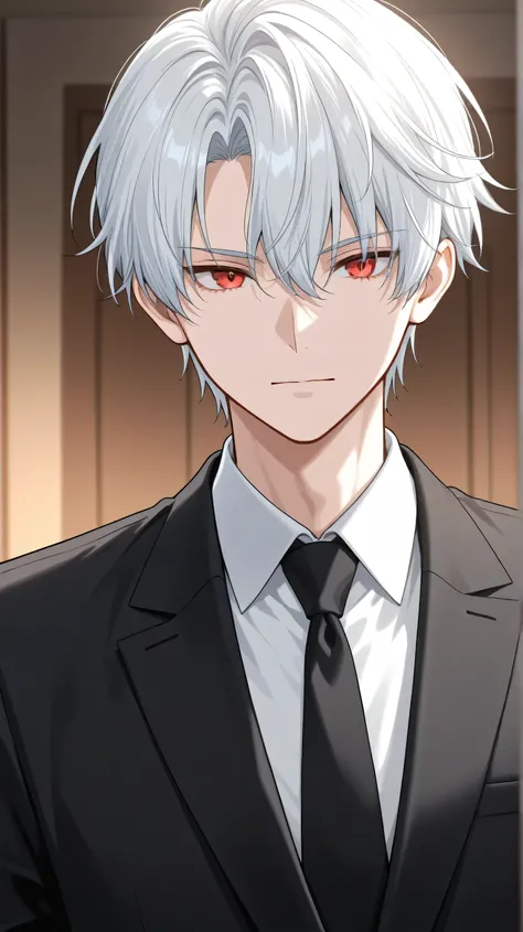 men white short hair,red eyes, black suit front view