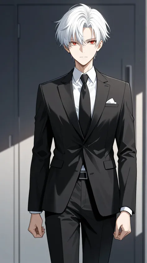 men white short hair,red eyes, black suit front view
