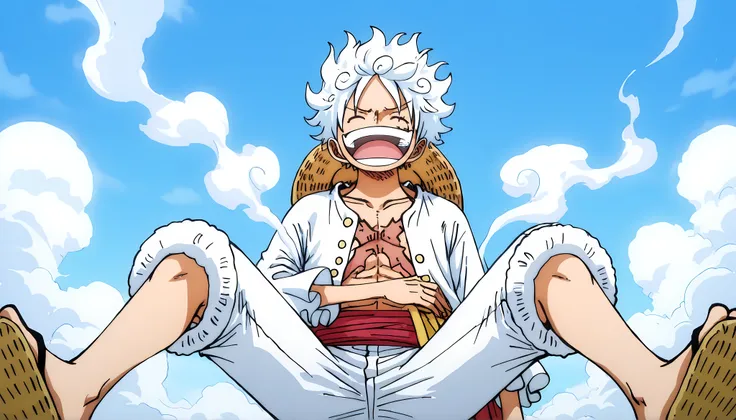 Luffy, NIKA, half body, from front, laughing out loud, white hair, (white eywbrows), eyes closed, X-mark burnt scar on chest, head tilted up, 1arm on stomach - other arm on top of eyes, long-sleeve white shirt, white pants, sandals, smoke vfx, smoke-like h...