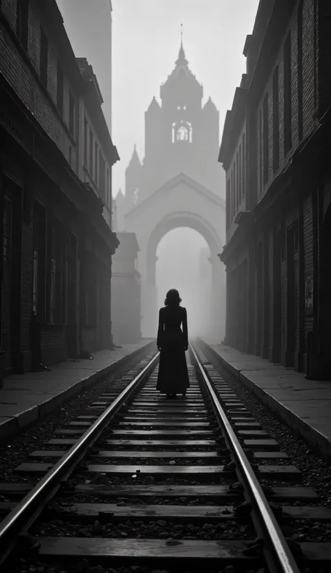 1925 Dramatic shot of the train track, track in which the ghostly and sinister figure in the distance of a dark woman, Faceless is floating on the, Cinematic, surreal style, with a dreamlike atmosphere. 