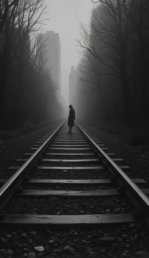 1925 Dramatic shot of the train track, track in which the ghostly and sinister figure in the distance of a dark woman, Faceless is floating on the, Cinematic, surreal style, with a dreamlike atmosphere. 