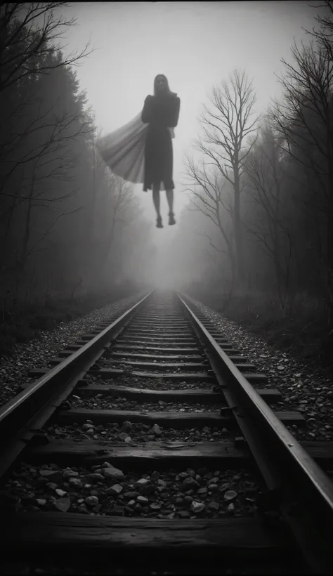 1925 Dramatic shot of the train track, track in which the ghostly and sinister figure in the distance of a dark woman, Faceless is floating on the, Cinematic, surreal style, with a dreamlike atmosphere. 