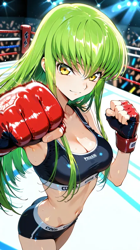 C.C., Code Geass, green hair, gold eyes, solo, (punching at viewer:1.3), long hair, black sports bra, black sports very short spats, fingerless gloves, bare thigh, cleavage, medium breast, Perfect body, detailed eyes, detailed face, glaring smile, lookin...