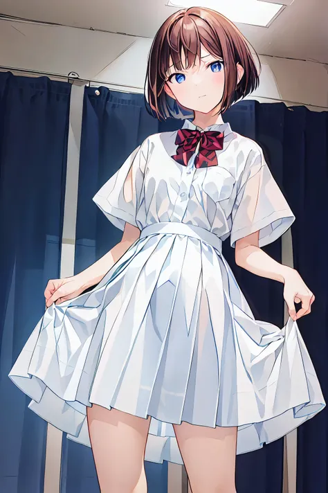(Highest Quality), ( very well detailed), ( best illustration), (masterpiece), (female), high contrast , (small breasts), {brown hair, ( bob cut :1.3), curly hair , hair between eyes , Inner hair color}, {(fine grain), blue eyes }, , earrings for a fe...