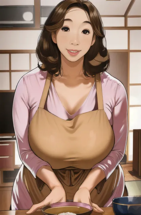 4. Japanese women,Voluptuous figure,Brown curly hair,Big Eyes,smile,Slight wrinkles around the eyes,Pink Apron,Put your hands behind your back,Messy room,living room