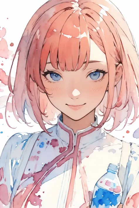 (masterpiece),(Highest Quality:1.2),(Very detailed:1.2),(high resolution),(((watercolor))),8k,Portrait of a woman smiling sweetly,透明watercolor,shades,Bleeding,Blur,Show them that they are good at PET bottles of soft drinks