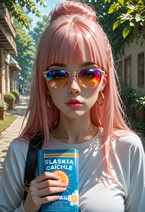 hyper-realistic detail, 8K resolution, ultra-sharp focus, dramatic shadows, cinematic lighting, best quality, detailed eyes, perfect eyes, realistic eyes, white hair with rainbow colours, long hair, rainbow highlights, blunt bangs, thick eyebrows, black ey...