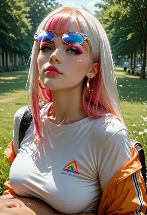 hyper-realistic detail, 8K resolution, ultra-sharp focus, dramatic shadows, cinematic lighting, best quality, detailed eyes, perfect eyes, realistic eyes, white hair with rainbow colours, long hair, rainbow highlights, blunt bangs, thick eyebrows, black ey...
