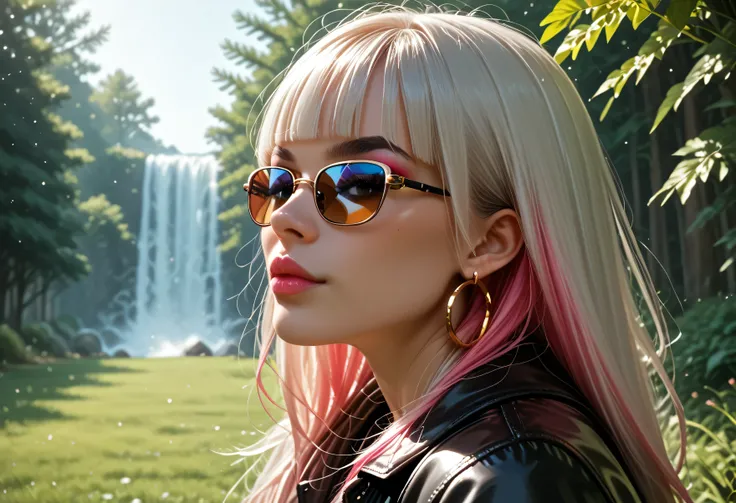 hyper-realistic detail, 8K resolution, ultra-sharp focus, dramatic shadows, cinematic lighting, best quality, detailed eyes, perfect eyes, realistic eyes, white hair with rainbow colours, long hair, rainbow highlights, blunt bangs, thick eyebrows, black ey...