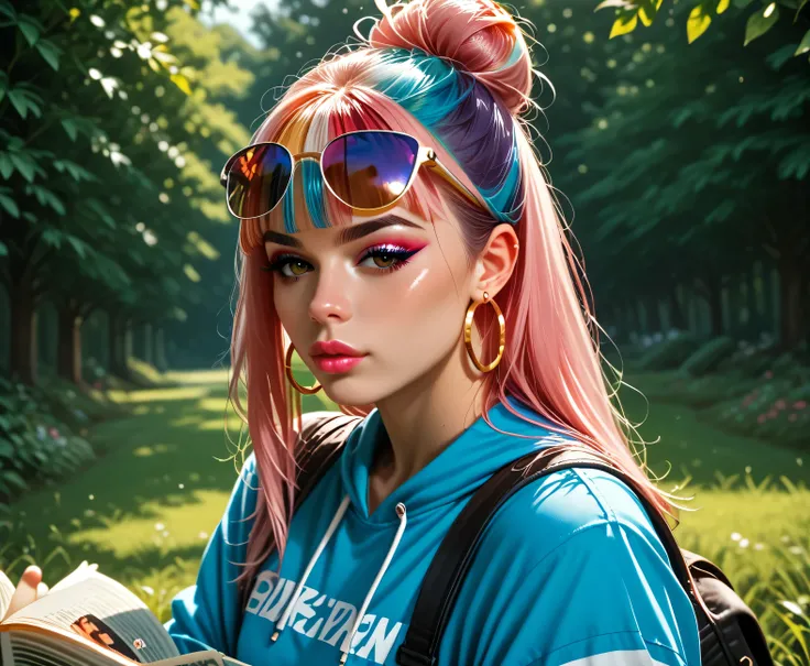 hyper-realistic detail, 8K resolution, ultra-sharp focus, dramatic shadows, cinematic lighting, best quality, detailed eyes, perfect eyes, realistic eyes, white hair with rainbow colours, long hair, rainbow highlights, blunt bangs, thick eyebrows, black ey...