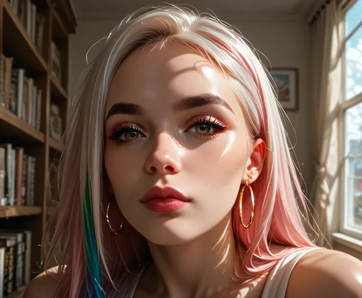 hyper-realistic detail, 8K resolution, ultra-sharp focus, dramatic shadows, cinematic lighting, best quality, detailed eyes, perfect eyes, realistic eyes, white hair with rainbow colours, long hair, rainbow highlights, blunt bangs, thick eyebrows, black ey...
