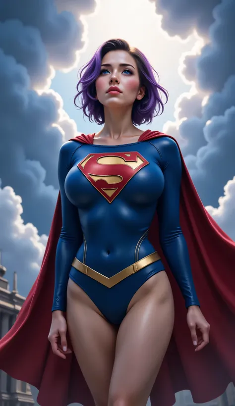 "Photo-realistic, ultra-detailed cinematic portrait of a reimagined Supergirl. She has short, tousled purple hair and gray-toned skin, giving her a mysterious Kryptonian presence. Her vivid blue eyes look upward with fierce determination. She wears a class...