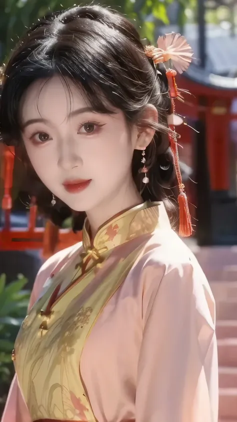 1 beautiful girl,best quality,(painting:1.5),Chest,torii,,depth of field, detailed face ,facial focus,ribbon_trim,(watching the audience:1.25),Smile,Thick lips,Real People,cheongsam