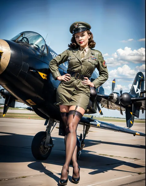Background military aircraft, airfield, photo in the style of the 1940s, pin-up photo, young adult girl, plane pilot cap, black stockings, view from front, spreaded legs