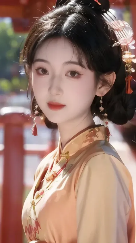 1 beautiful girl,best quality,(painting:1.5),Chest,torii,,depth of field, detailed face ,facial focus,ribbon_trim,(watching the audience:1.25),Smile,Thick lips,Real People,cheongsam