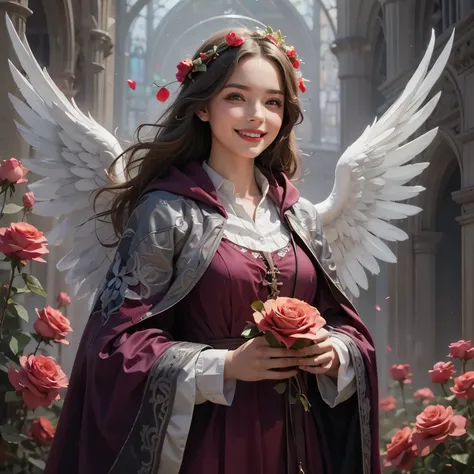 Standing in front of stained glass, she is a female angel with a cute smile, and she is in a world of light holding roses in a reddish-purple cloak and gray and white gothic decorations