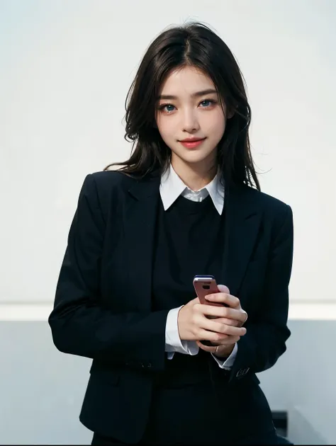 Highest Quality, masterpiece, Ultra High Definition ,8k, pale photo,Ultra High Performance HD 8k Camera Shooting,long hair,High Style,black costume,I'm holding my smartphone with both hands,sexy look,Movie Lighting,Detailed Skin Gloss,)),Fine Skin Texture...