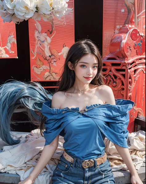 Highest Quality, masterpiece, Ultra High Definition ,8k, pale photo,Ultra High Performance HD 8k Camera Shooting,long hair,High Style,black costume,blue off-the-shoulder denim skirt,sexy look,Movie Lighting,Detailed Skin Gloss,)),Fine Skin Texture, that s...