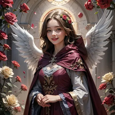 Standing in front of stained glass, she is a female angel with a cute smile, and she is in a world of light holding roses in a reddish-purple cloak and gray and white gothic decorations