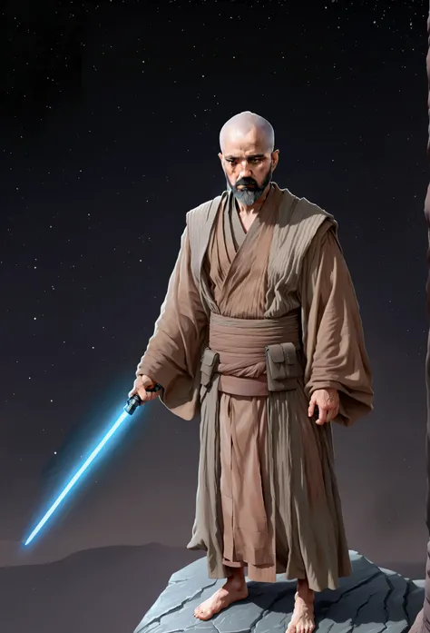 Enrique, man, calvo, hairless skin on the head, shaved, dark beard with gray hair , jedi robes, 
7-SWAnimated en una mano, The full body is seen, is gripping the grip with his hand, anatomically accurate