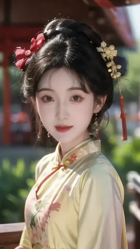 1 beautiful girl,best quality,(painting:1.5),Chest,torii,,depth of field, detailed face ,facial focus,ribbon_trim,(watching the audience:1.25),Smile,Thick lips,Real People,cheongsam