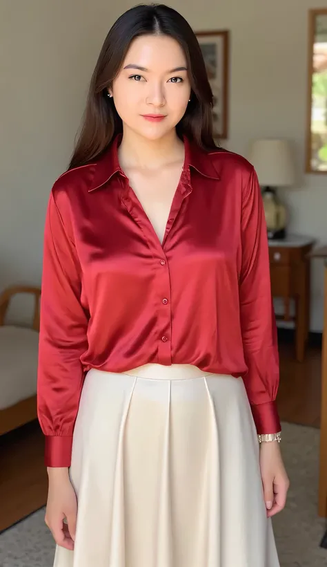 a woman, standing in the living room, use red satin material casual shirt, long legging skirt to toe satin material white, Big , shirt looks full body, body facing the camera,