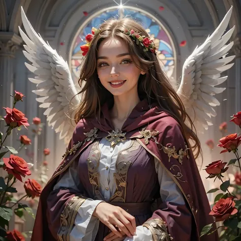 Standing in front of stained glass, she is a female angel with a cute smile, and she is in a world of light holding roses in a reddish-purple cloak and gray and white gothic decorations