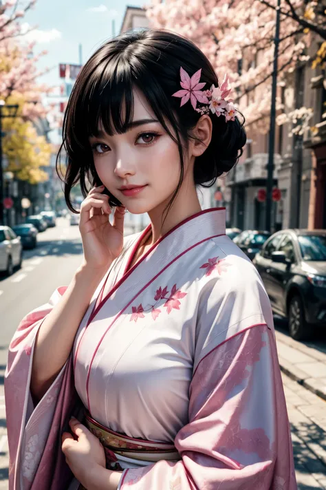 beautiful black hair ,Aligned bangs,Bright red lips,Pink Eyes,white skin, beautiful white and pink kimono on fallen leaves,PASTEL COLOR,smile,Ultra HD,super quality,masterpiece,dslr,Photorealistic, Detailed Details,Vivid details,depicted in detail,Detaile...