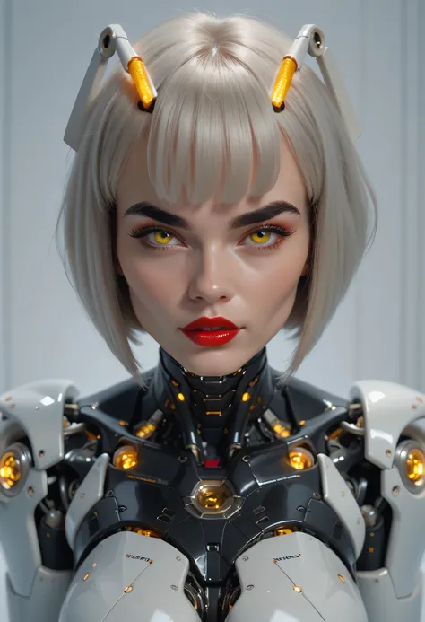 (Perfect Face), (Black Medium Hair), (Black Thick Eyebrows), (Big Bionic Yellow Eyes), (Red Thick Lipstick), (Female Robot), (Beautiful Woman), Looking At Viewer