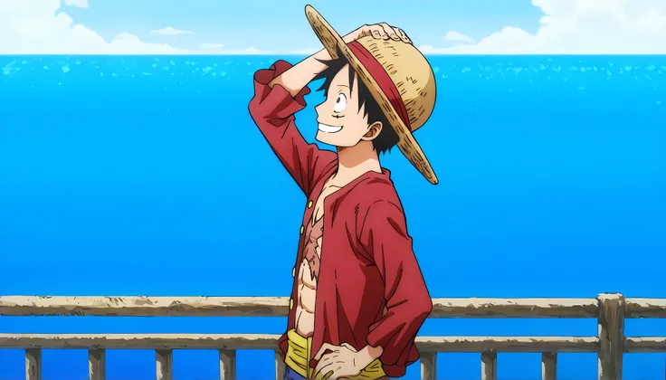 Luffy, half body, from front, smile, eyes looking at side, X-mark burnt scar on chest, head tilted up, arms on hips, long-sleeve red shirt, straw hat, one arm on Sunny-go railing vast blue ocean in the distance - other arm on hat head, sea breeze vfx, mast...