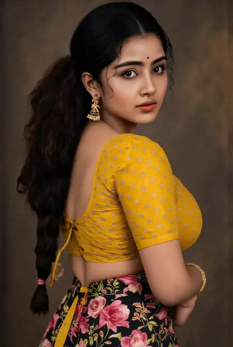 A woman with long dark hair wearing a colorful latex front zipper blouse saree, leaning forward with her hands on her large breasts, downblouse creating a deep cleavage, extremely detailed face, beautiful detailed eyes, beautiful detailed lips, extremely d...