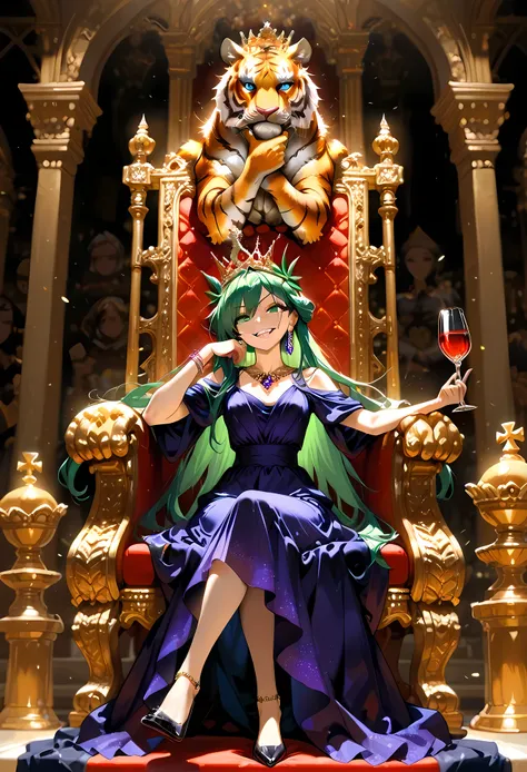 (((Best quality, 8k, Masterpiece: 1.3)), ((best quality)), ((masterpiece)), (detailed), perfect face, Queen, evil smile, Dignity, regal presence, A violet dress, a dress studded with jewels, Golden Chignon, Emerald hair ornament, sitting on a throne, sitti...