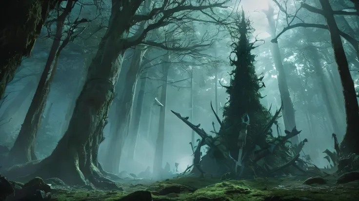 In a dark medieval forest, a young boy named Aiden, barely in his s, grips a sword too big for his small hands. His village is under threat from an ancient evil, tree monsters that lurk in the shadows, emerging only at night to wreak havoc. The air is thic...