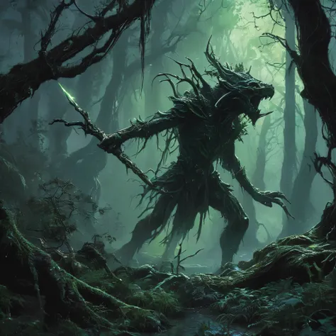 "A lone elf with unnaturally long, clawed fingers strides quietly through a dark, twisted forest. His slender, angular figure is cloaked in shadow, and his sharp, predatory posture is emphasized by the long, menacing claws extending from his hands. His eye...