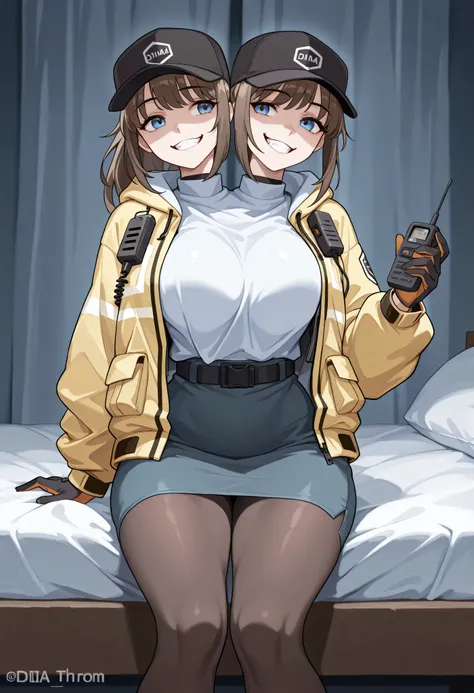 2heads, a tall thin woman with 2 heads, dima, brown hair, blue eyes, grinning, baseball cap, yellow jacket, walkie-talkie, gloves, skirt, pantyhose, She is inside a bedroom. large breasts.
