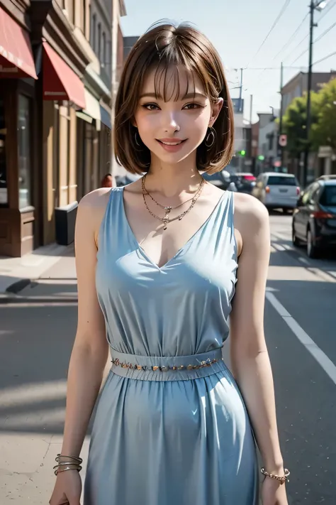 ((The ultimate beautiful woman)), Mature, Beautiful facial features, Detailed lips, finely detailed beautiful eyes, Double eyelids, long eyelashes, (big breasts), grin, ((Beautiful teeth alignment)), red blush, a captivating gaze, Seductive smile, very sho...