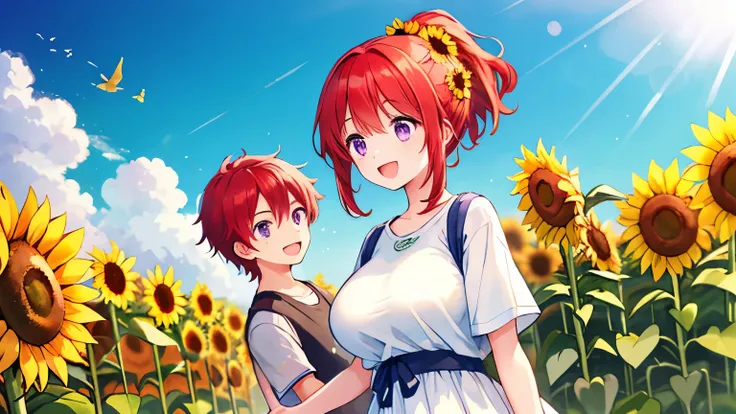 Man and woman laughing at each other in a sunflower field、Feels like friends、They're ding、Slightly distant feeling 、Boy with bright expression,Short curly hair, Hair、T-shirt、rough summer clothes、The girl has red hair、ponytail、Purple eyes、big breasts、beauti...