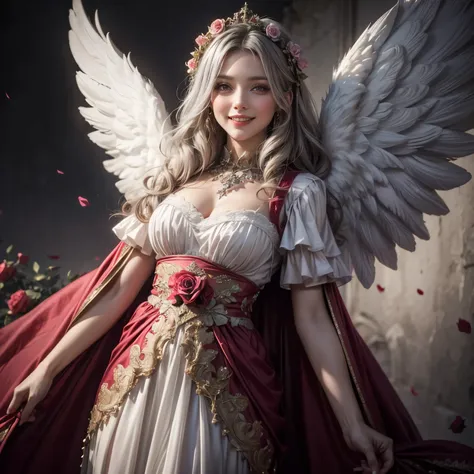 She is a female angel with a cute smile, and she is in a world of light carrying roses in a reddish-purple cloak and gray and white gothic decoration costume