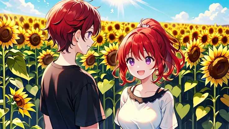 Man and woman laughing at each other in a sunflower field、Feels like friends、They're ding、Slightly distant feeling 、Boy with bright expression,Short curly hair, Hair、T-shirt、rough summer clothes、The girl has red hair、ponytail、Purple eyes、big breasts、beauti...
