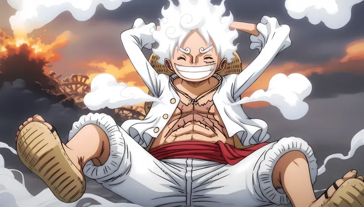 Luffy, NIKA, half body, from front, laughing out loud, white hair, (white eywbrows), eyes closed, X-mark burnt scar on chest, head tilted up, (1arm on stomach - other arm on forehead), long-sleeve white shirt, white pants, sandals, smoke vfx, smoke-like ha...