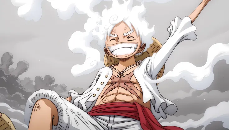 Luffy, NIKA, half body, from front, laughing out loud, white hair, (white eywbrows), eyes closed, X-mark burnt scar on chest, head tilted up, (1arm on stomach - other arm on forehead), long-sleeve white shirt, white pants, sandals, smoke vfx, smoke-like ha...