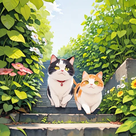 (masterpiece),(Highest Quality),( 非常にdetailsな),( Athletes ),((Line art)),((watercolor)),16k, wallpaper,三毛猫の非常にdetailsなな絵、 details 、 非常にdetailsな猫、 Calico cat walking in my garden、 Calico Munchkins Relaxing on Stone Steps Walking the promenade、 Ancient ...