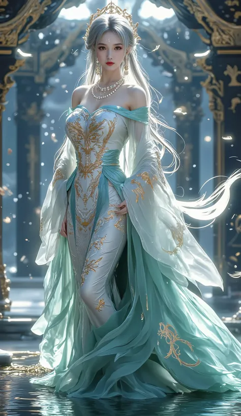 A beautiful Asian fantasy goddess inspired by the mythical "golden carp transforming into a dragon", standing in a shimmering underwater temple. She has long silver-blue hair flowing like water, wearing an elegant multilayered gown made of silk that fades ...