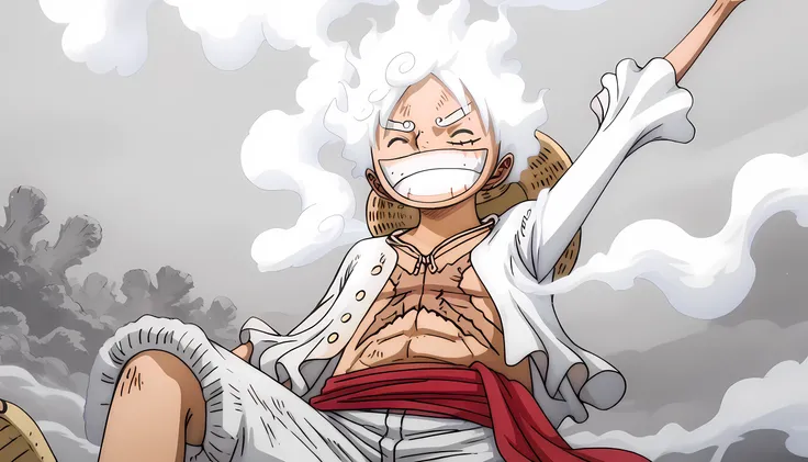 Luffy, NIKA, half body, from front, laughing out loud, white hair, (white eywbrows), eyes closed, X-mark burnt scar on chest, head tilted up, (1arm on stomach - other arm on forehead), long-sleeve white shirt, white pants, sandals, smoke vfx, smoke-like ha...