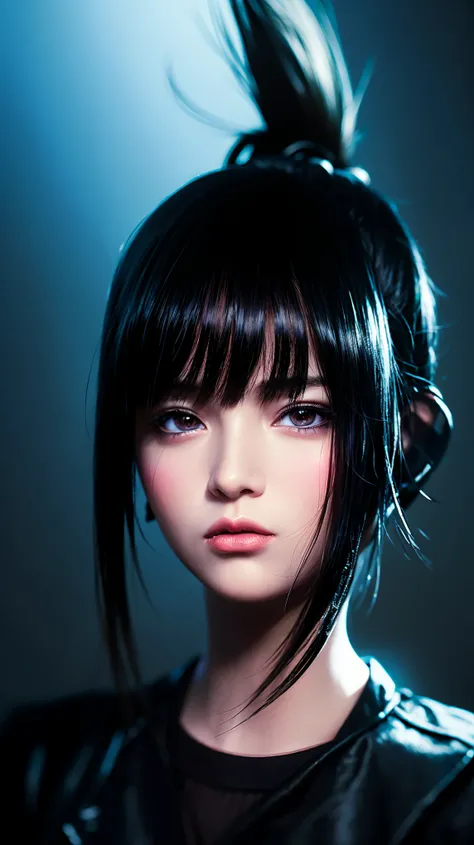 A comical portrait of a cyberpunk cyborg girl with big beautiful eyes, black hair, pony tail style, thin face, perfect face with realistic shadows, black leather clothes and a [[[Yellow leather jacket on top]]]. Bokeh style background image. Fine details, ...