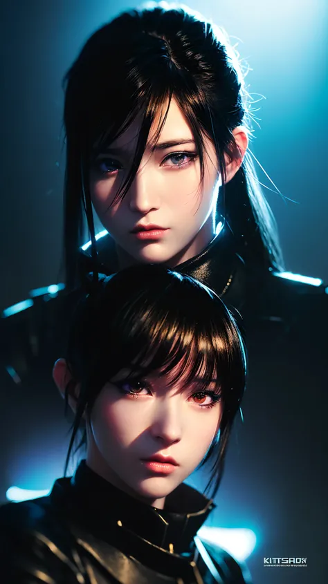A comical portrait of a cyberpunk cyborg girl with big beautiful eyes, black hair, pony tail style, thin face, perfect face with realistic shadows, black leather clothes and a [[[Yellow leather jacket on top]]]. Bokeh style background image. Fine details, ...