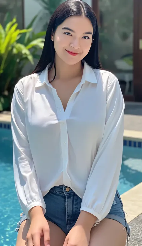 a woman, sitting pulled over by the pool, shirt looks full body, body facing front, eyes looking at camera , wearing a white satin material shirt, denim shorts , big size G-cup, thick red lips, Smiling face, black ponytail hair, all over wet body, idea...