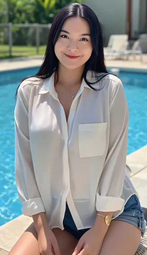 a woman, sitting pulled over by the pool, shirt looks full body, body facing front, eyes looking at camera , wearing a transparent white satin material shirt, denim shorts , big size G-cup, thick red lips, Smiling face, black ponytail hair, all over wet...