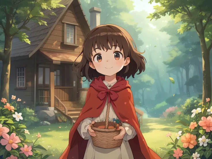 A  with brown hair,  dressed in a red cloak , stands in front of a wooden house in a colorful forest. The style is classic anime by Nippon Animation,  with warm colors, soft lines and nostalgic details. The background has flowers, tall trees and rays of su...