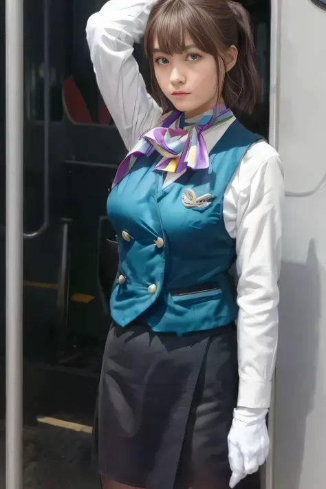 (masterpiece:1.2, Highest Quality :1.2), 32kHDR, Kampala, (alone、 1 girl on break day)、((10A woman in her late generation ))(what 、 professional light )、In-flight background、( realistic style wearing a Nankai Electric Railway crew uniform )、(( Nankai tra...